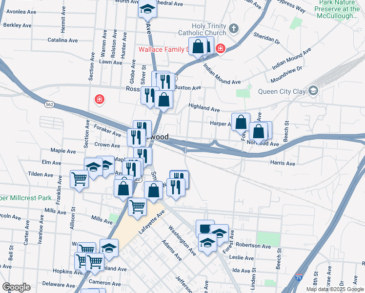 map of restaurants, bars, coffee shops, grocery stores, and more near 4814 Wesley Avenue in Cincinnati