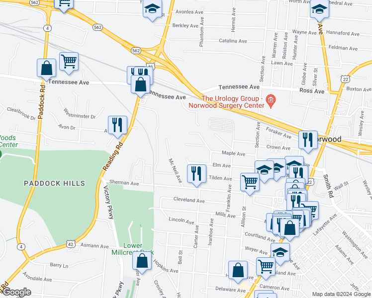 map of restaurants, bars, coffee shops, grocery stores, and more near 4650 Carter Avenue in Cincinnati