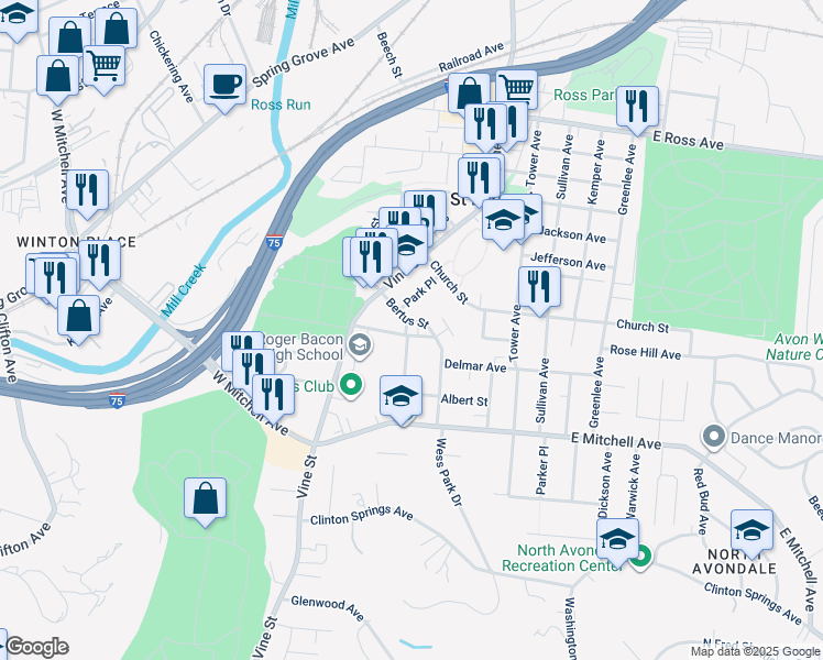 map of restaurants, bars, coffee shops, grocery stores, and more near 4279 Leonard Avenue in Cincinnati