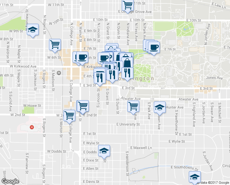map of restaurants, bars, coffee shops, grocery stores, and more near 330 South Dunn Street in Bloomington
