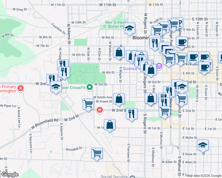 map of restaurants, bars, coffee shops, grocery stores, and more near 920 West Smith Avenue in Bloomington