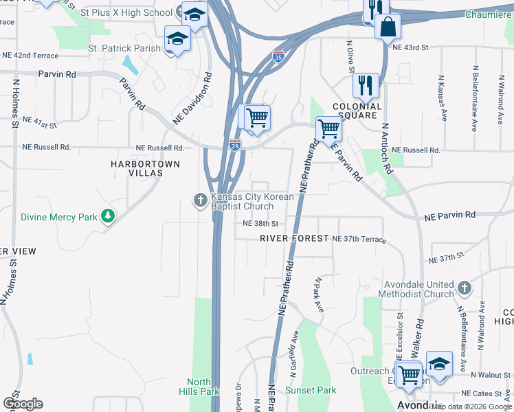 map of restaurants, bars, coffee shops, grocery stores, and more near 3817 North Michigan Avenue in Kansas City