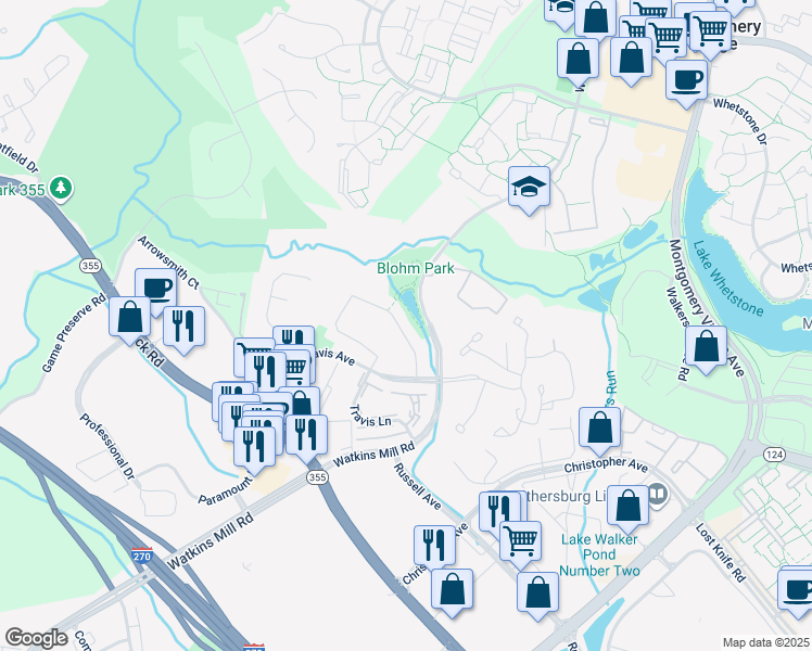 map of restaurants, bars, coffee shops, grocery stores, and more near 1211 Knoll Mist Lane in Gaithersburg
