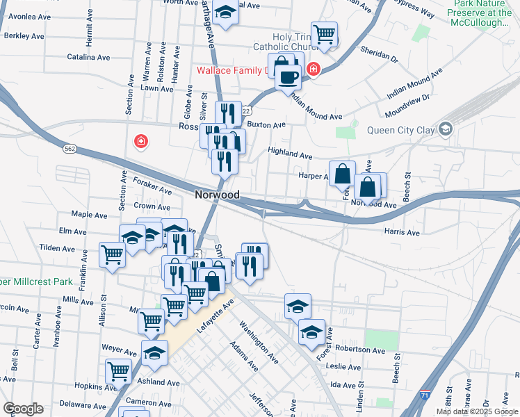map of restaurants, bars, coffee shops, grocery stores, and more near 4814 Wesley Avenue in Cincinnati
