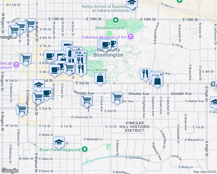 map of restaurants, bars, coffee shops, grocery stores, and more near 818 East 3rd Street in Bloomington