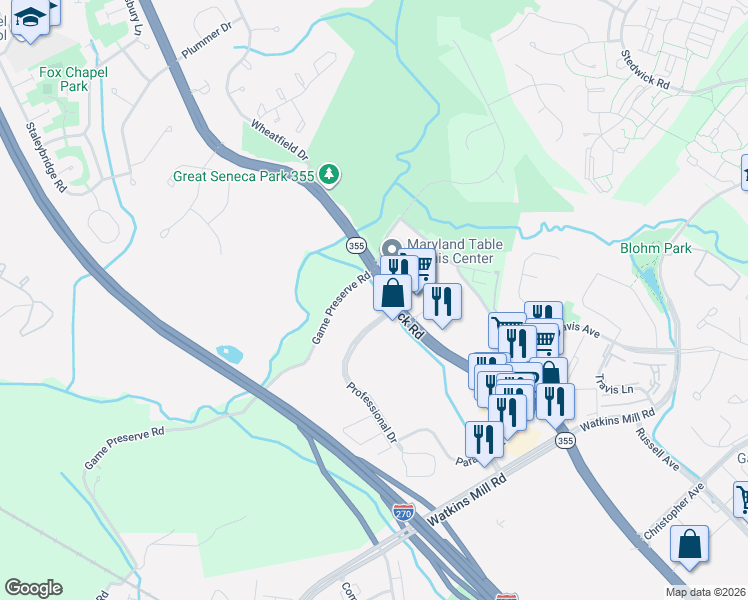 map of restaurants, bars, coffee shops, grocery stores, and more near 4 Professional Drive in Gaithersburg