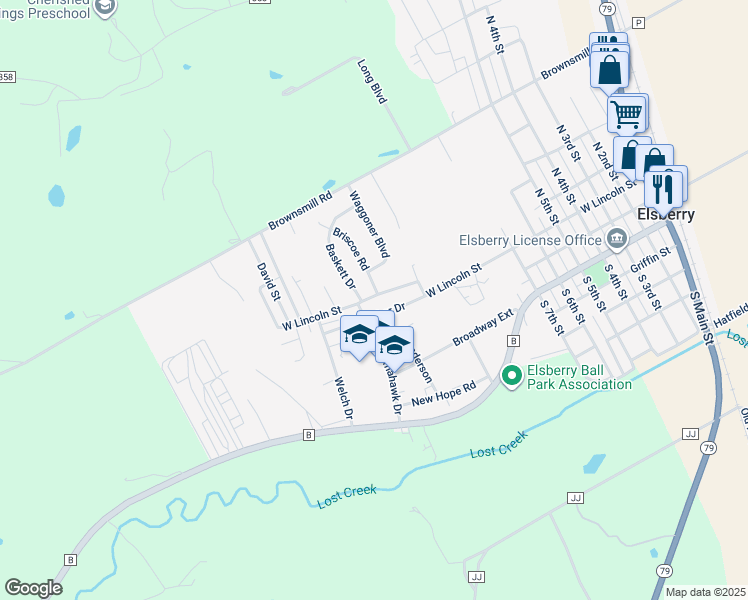 map of restaurants, bars, coffee shops, grocery stores, and more near 818 West Lincoln Street in Elsberry
