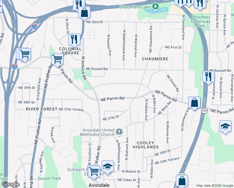 map of restaurants, bars, coffee shops, grocery stores, and more near 2928 Northeast Parvin Road in Kansas City