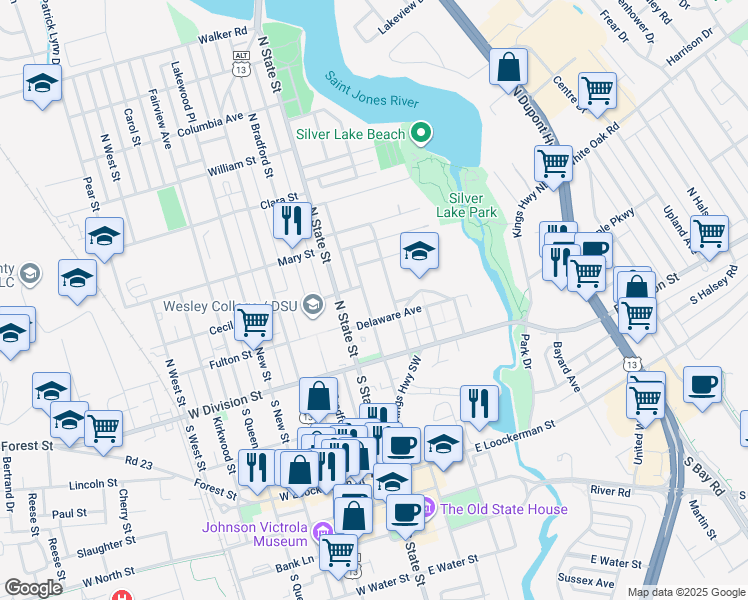 map of restaurants, bars, coffee shops, grocery stores, and more near 115 American Avenue in Dover