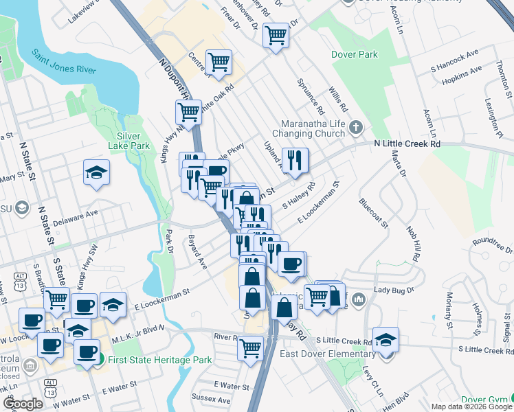 map of restaurants, bars, coffee shops, grocery stores, and more near 17 South Edgehill Avenue in Dover