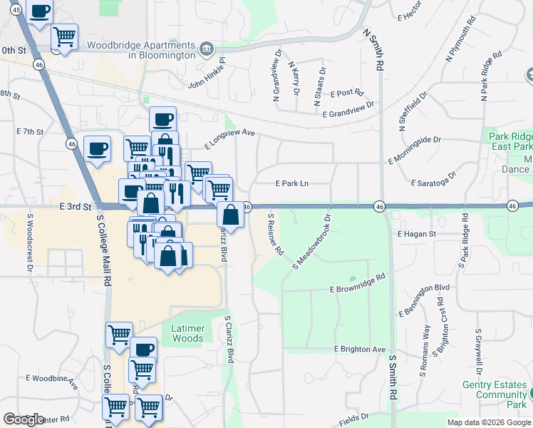 map of restaurants, bars, coffee shops, grocery stores, and more near 300-498 S Reisner Rd in Bloomington