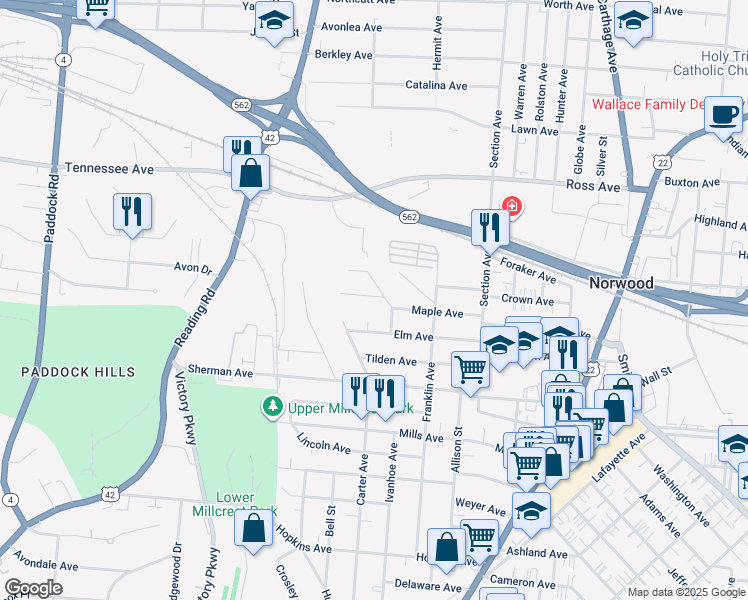 map of restaurants, bars, coffee shops, grocery stores, and more near 1831 Maple Avenue in Cincinnati