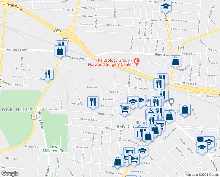map of restaurants, bars, coffee shops, grocery stores, and more near 1909 Maple Avenue in Cincinnati