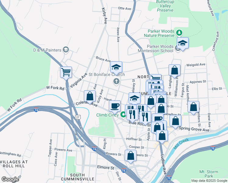 map of restaurants, bars, coffee shops, grocery stores, and more near 1739 Jester Street in Cincinnati