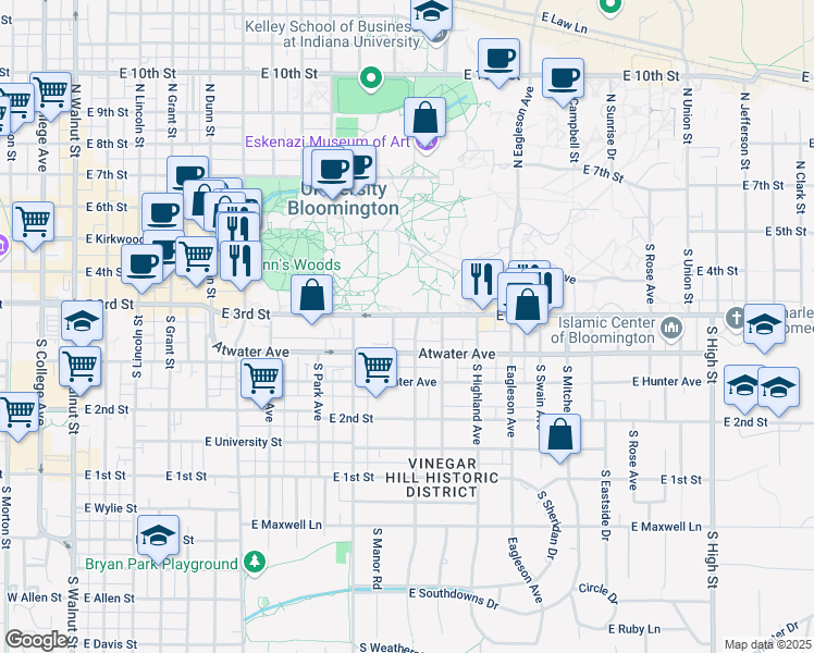 map of restaurants, bars, coffee shops, grocery stores, and more near 1103 Atwater Avenue in Bloomington