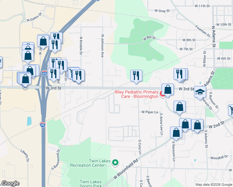 map of restaurants, bars, coffee shops, grocery stores, and more near 321 South Muller Parkway in Bloomington