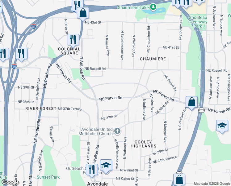 map of restaurants, bars, coffee shops, grocery stores, and more near 2928 Northeast Parvin Road in Kansas City