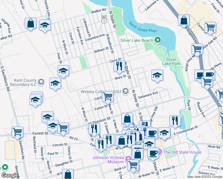 map of restaurants, bars, coffee shops, grocery stores, and more near 214 North Governors Avenue in Dover
