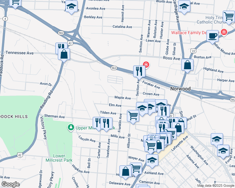 map of restaurants, bars, coffee shops, grocery stores, and more near 4735 Woodlawn Avenue in Cincinnati