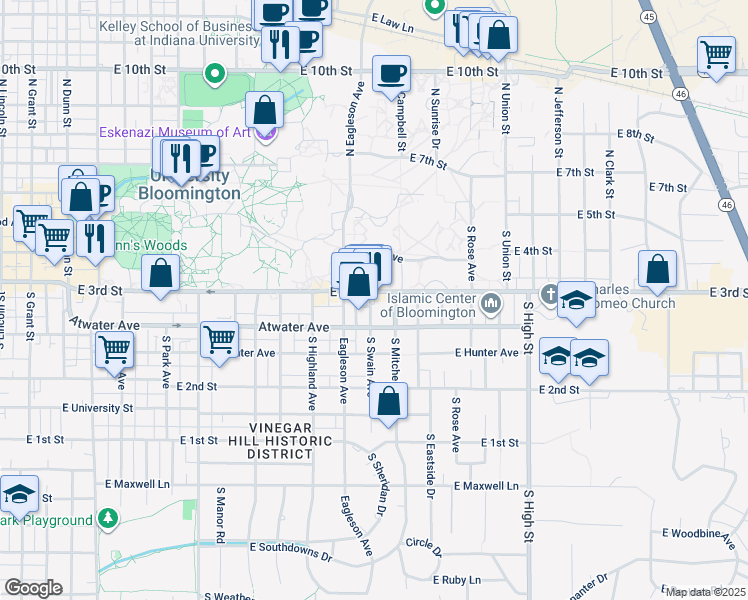 map of restaurants, bars, coffee shops, grocery stores, and more near 1500 East 3rd Street in Bloomington