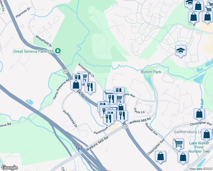 map of restaurants, bars, coffee shops, grocery stores, and more near 18713 Falling River Drive in Gaithersburg