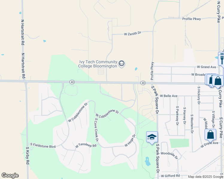 map of restaurants, bars, coffee shops, grocery stores, and more near 225 Spriggs Boulevard in Bloomington