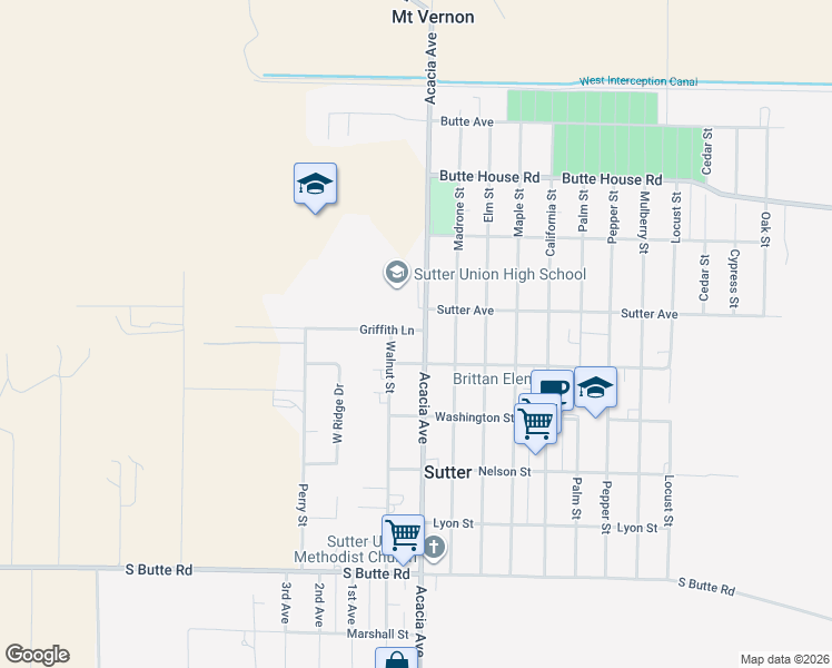 map of restaurants, bars, coffee shops, grocery stores, and more near 2419 Acacia Avenue in Sutter