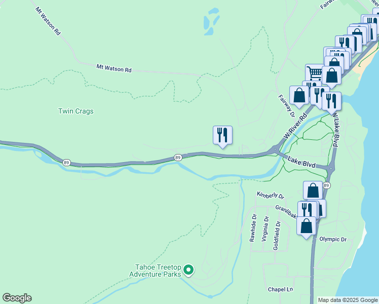 map of restaurants, bars, coffee shops, grocery stores, and more near 322 Twin Crags in Tahoe City
