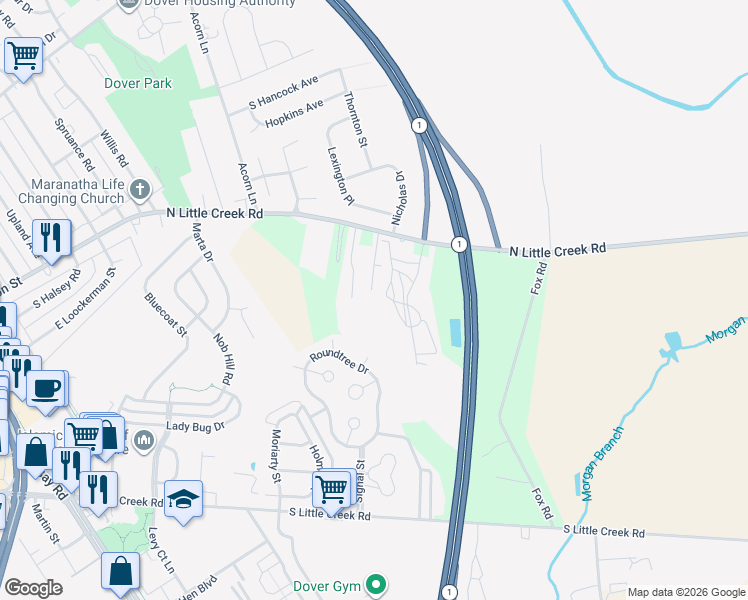 map of restaurants, bars, coffee shops, grocery stores, and more near 1514 North Little Creek Road in Dover
