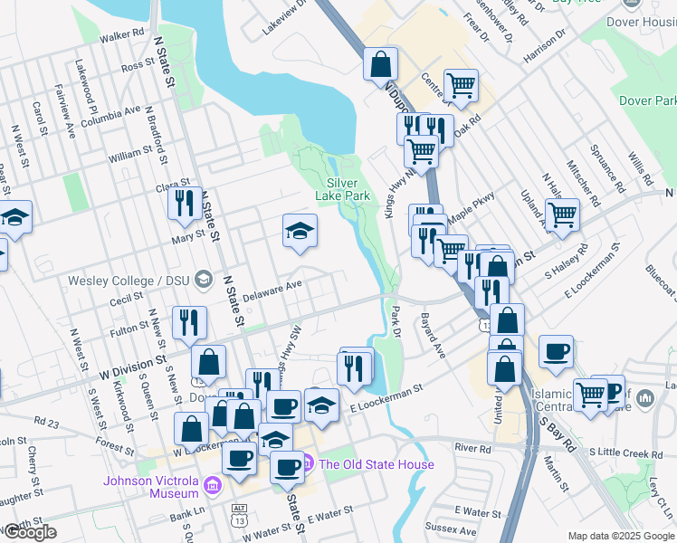 map of restaurants, bars, coffee shops, grocery stores, and more near 31 Maple Lane in Dover