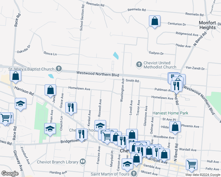 map of restaurants, bars, coffee shops, grocery stores, and more near 4049 Homelawn Avenue in Cincinnati