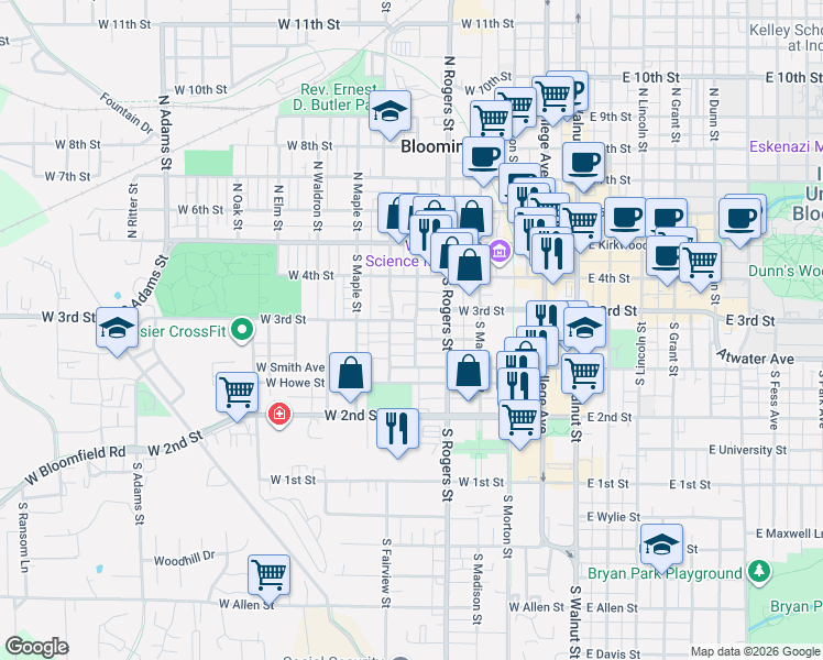 map of restaurants, bars, coffee shops, grocery stores, and more near 329 South Jackson Street in Bloomington
