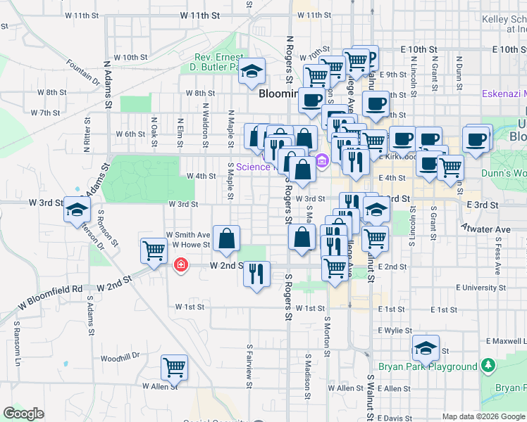map of restaurants, bars, coffee shops, grocery stores, and more near 329 South Jackson Street in Bloomington