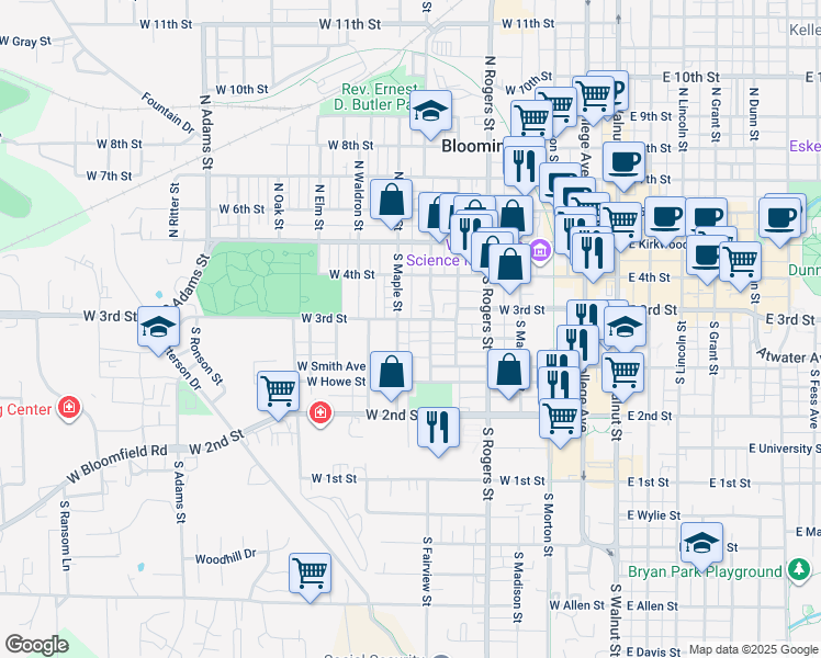 map of restaurants, bars, coffee shops, grocery stores, and more near 324 South Fairview Street in Bloomington