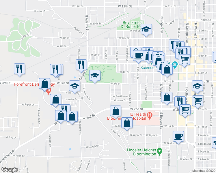 map of restaurants, bars, coffee shops, grocery stores, and more near 340 South Walker Street in Bloomington