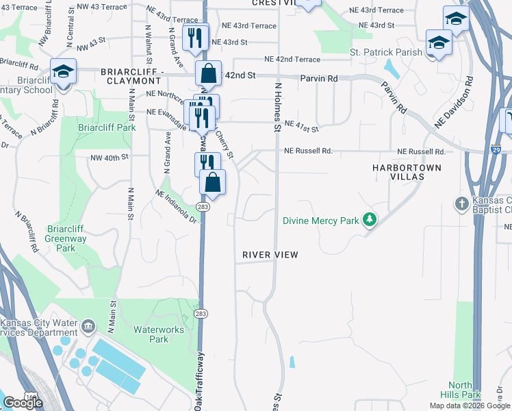 map of restaurants, bars, coffee shops, grocery stores, and more near 616 Northeast 38 Street in Kansas City