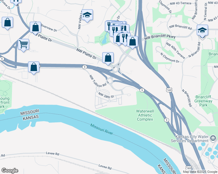 map of restaurants, bars, coffee shops, grocery stores, and more near 1600 Northwest 38th Street in Kansas City