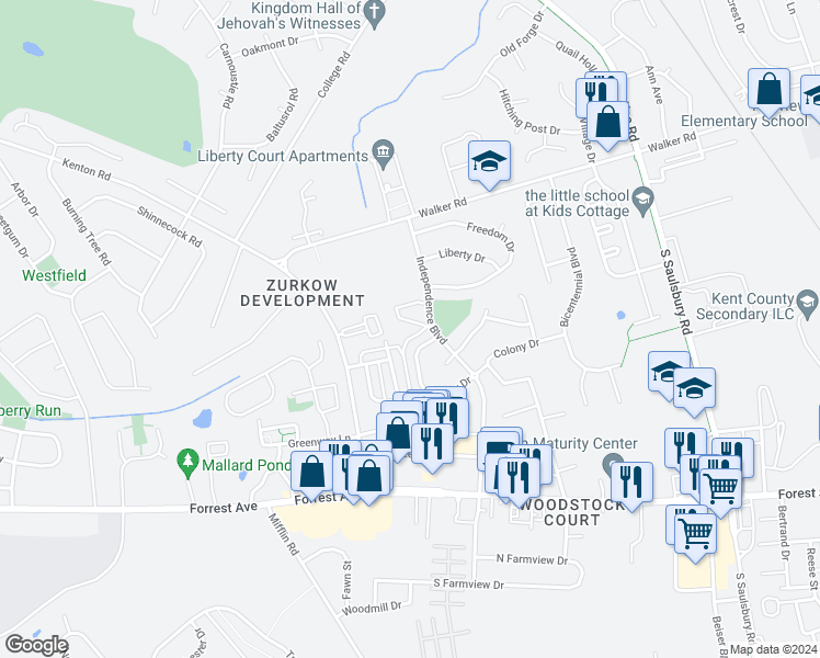 map of restaurants, bars, coffee shops, grocery stores, and more near 22 Lamplighter Lane in Dover