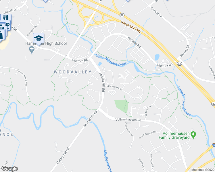 map of restaurants, bars, coffee shops, grocery stores, and more near 9745 Clocktower Lane in Columbia