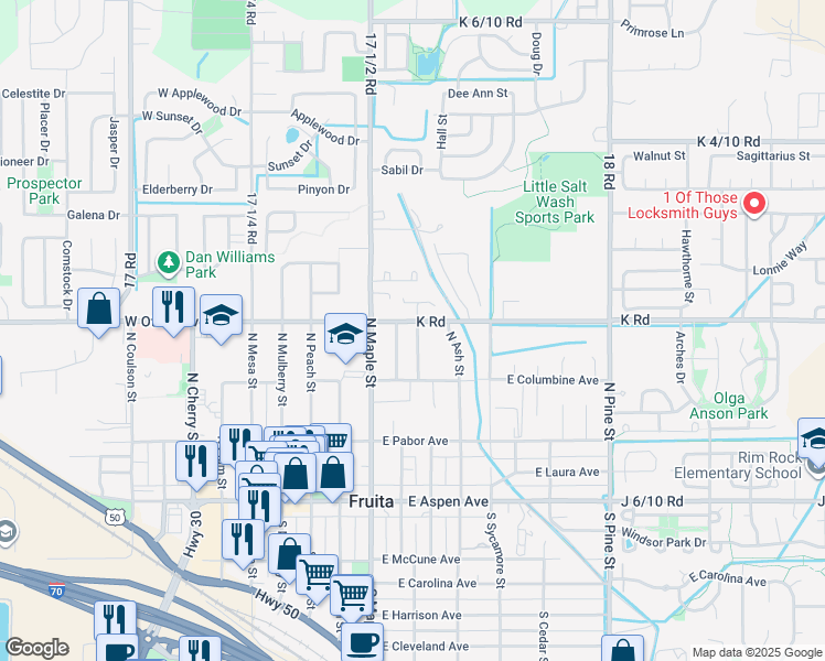 map of restaurants, bars, coffee shops, grocery stores, and more near 379 North Orchard Street in Fruita