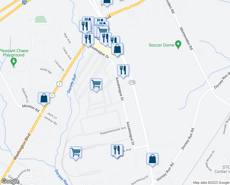 map of restaurants, bars, coffee shops, grocery stores, and more near 7540 Assateague Drive in Jessup