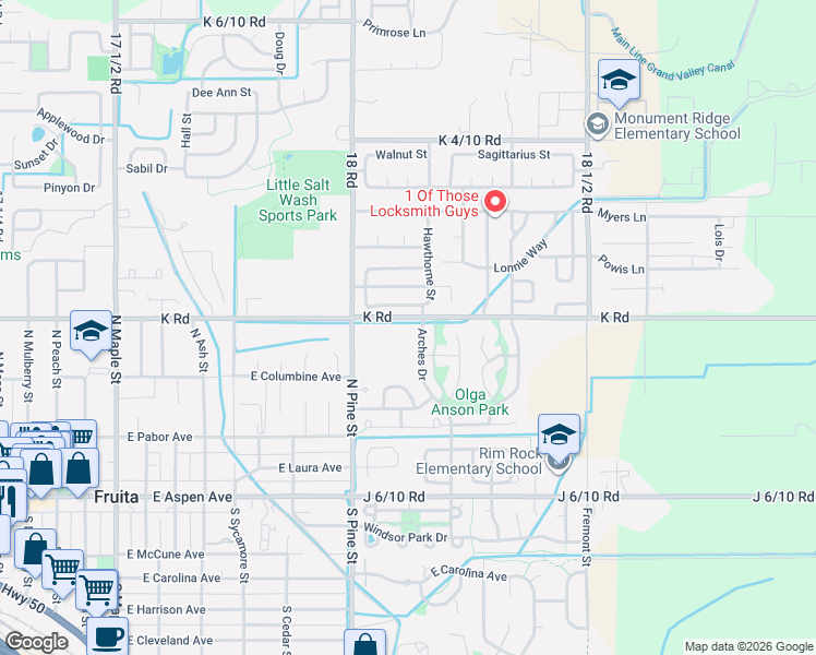 map of restaurants, bars, coffee shops, grocery stores, and more near 361 Arches Drive in Fruita