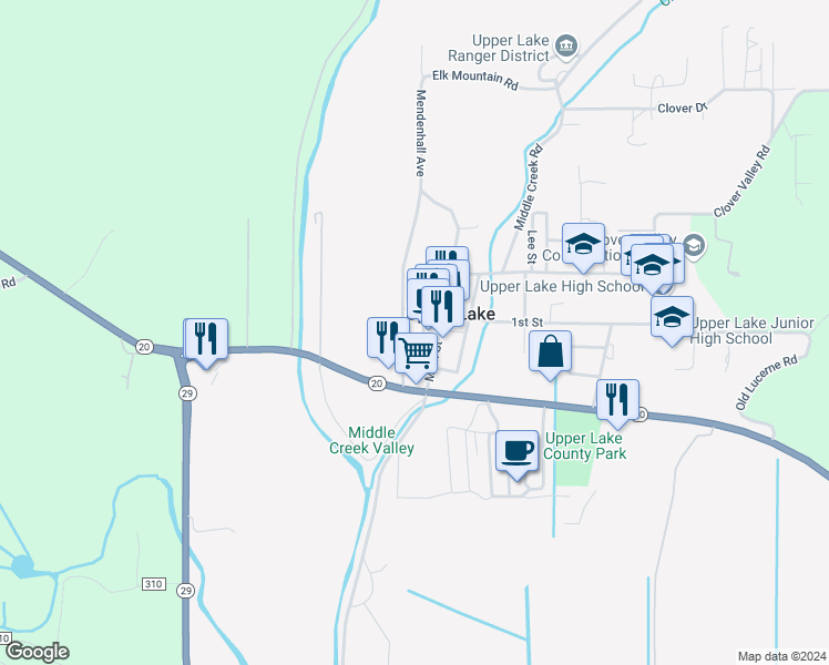 map of restaurants, bars, coffee shops, grocery stores, and more near 9460 Mendenhall Avenue in Upper Lake