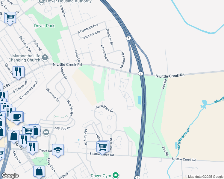 map of restaurants, bars, coffee shops, grocery stores, and more near 26 Roundtree Drive in Dover