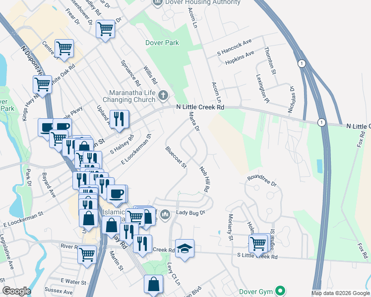 map of restaurants, bars, coffee shops, grocery stores, and more near 329 Bluecoat Street in Dover