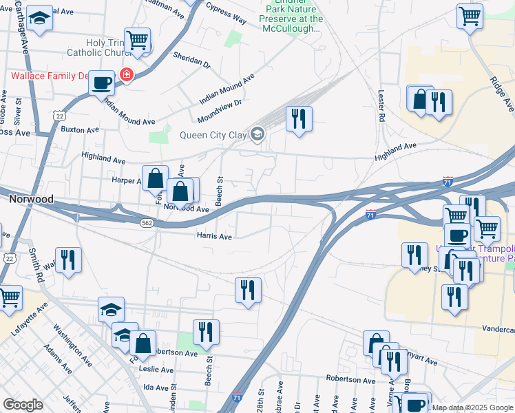map of restaurants, bars, coffee shops, grocery stores, and more near 2765 Norwood Avenue in Cincinnati