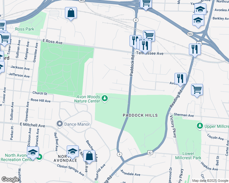 map of restaurants, bars, coffee shops, grocery stores, and more near 1009 Egan Hills Drive in Cincinnati