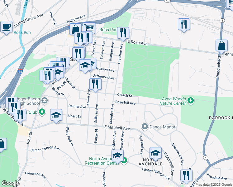 map of restaurants, bars, coffee shops, grocery stores, and more near 4327 Greenlee Avenue in Cincinnati