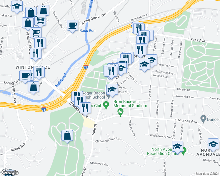 map of restaurants, bars, coffee shops, grocery stores, and more near 15 Orchard Street in Cincinnati