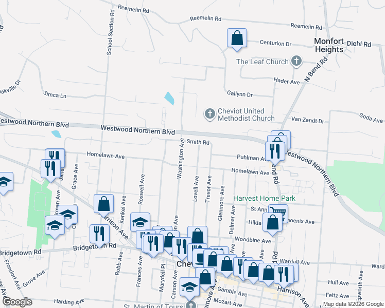map of restaurants, bars, coffee shops, grocery stores, and more near 4010 Washington Avenue in Cincinnati